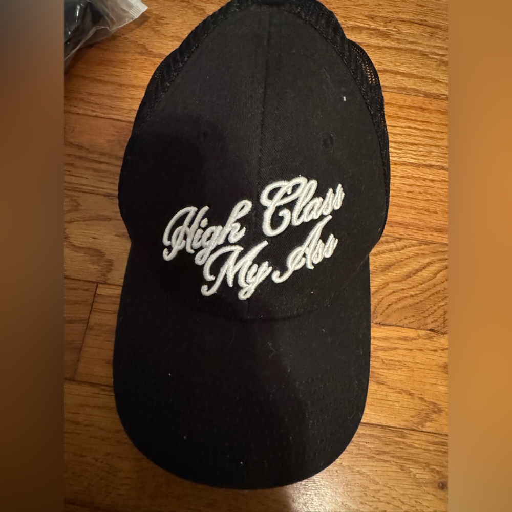 Black Trucker Hat with White Script 'High Class My Ass' Embroidery